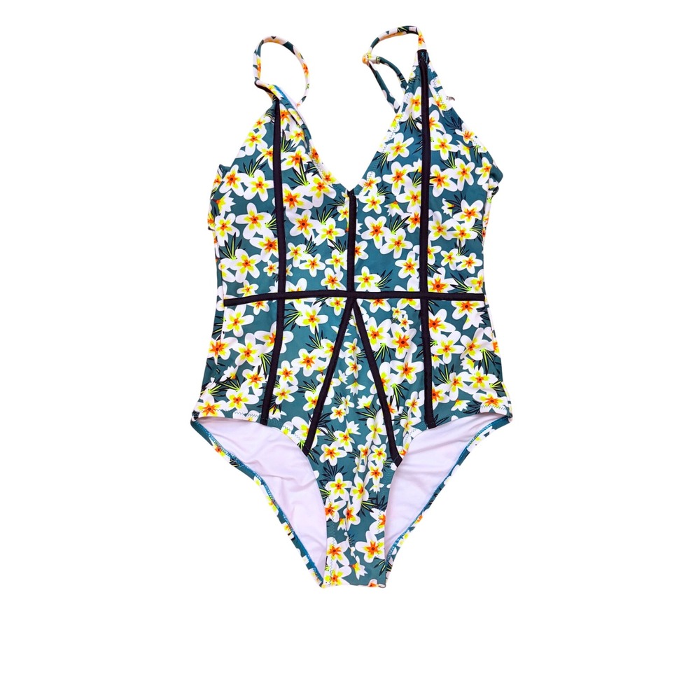 Floral One Piece Swimsuit Teal Yellow White Plumeria Print Black Piping Sz 17‎